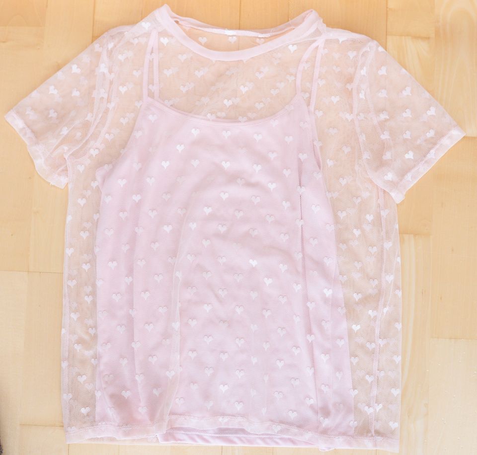 H&M Doppel-Shirt Träger-Top Tüll Herzen Herz rosa T-Shirt 158 164 in Dietramszell