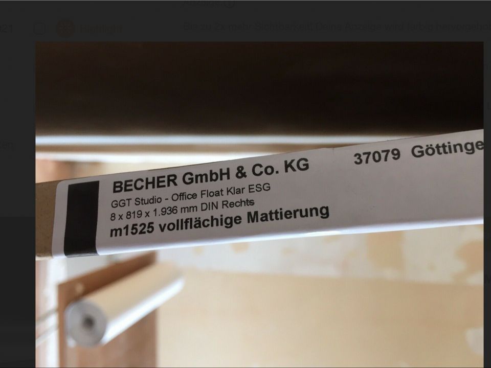 8 mm ESG Ganzglastür Satinato Premio |193,6 x 81,9 cm | NEU & OVP in Göttingen