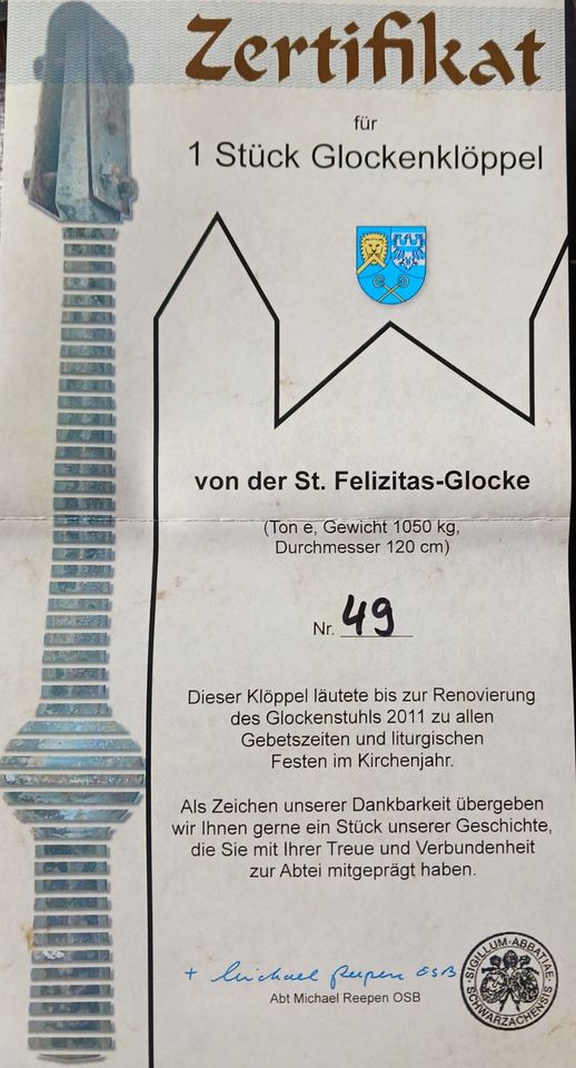 Stück vom Glockenklöppel - St. Felizitas-Glocke Münsterschwarzach in Baudenbach