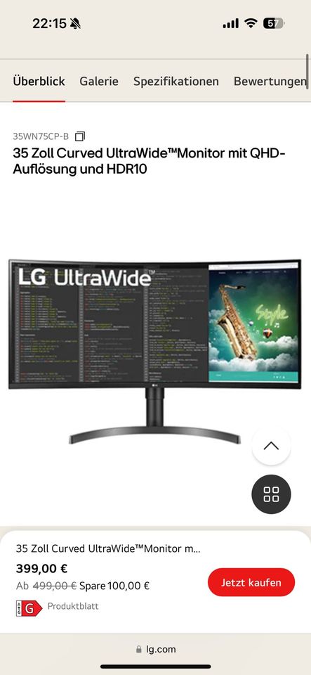 LG Curved UltraWide 35" 100HZ (35WN75CP-B | USB C) in Berlin