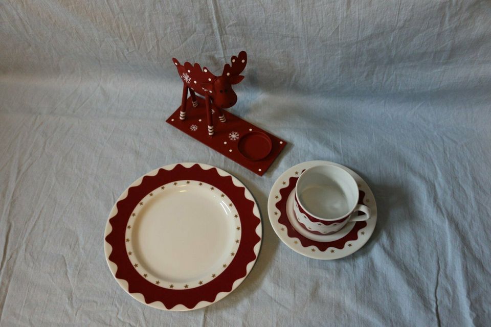 Gedeck Tasse Teller Weihnachten Elch Teelicht Advent 4tlg. Set in Wotersen