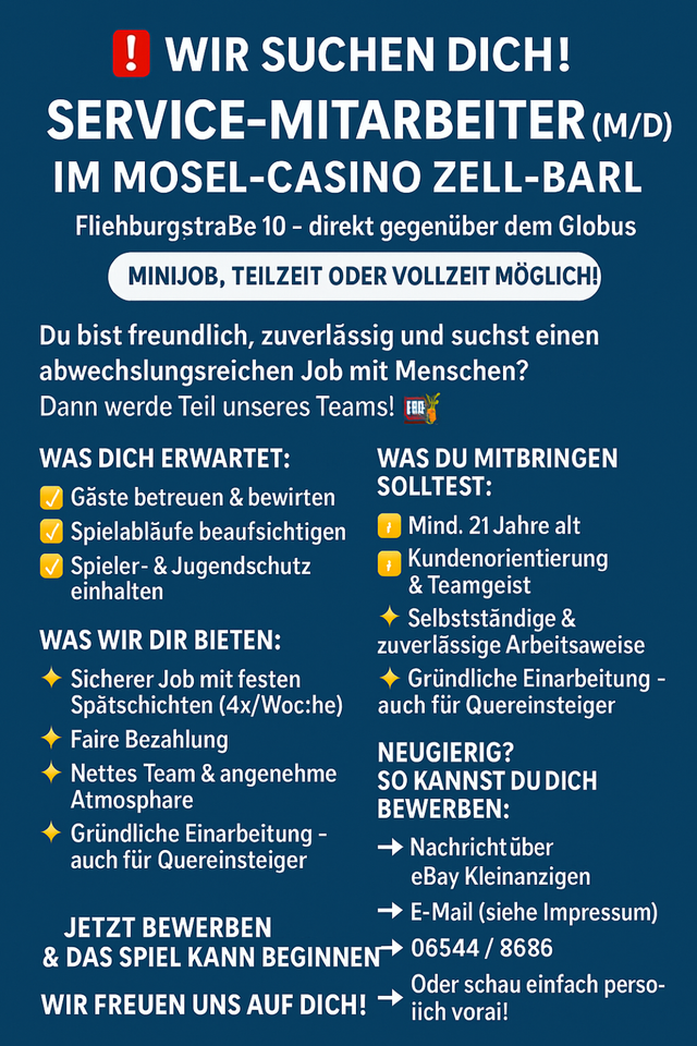 Servicekraft fürs Mosel-Casino gesucht! in Zell (Mosel)