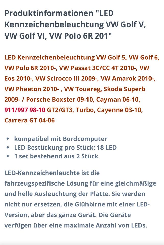 VW Golf 6/Polo Kennzeichenbeleuchtung Neu in Linnich