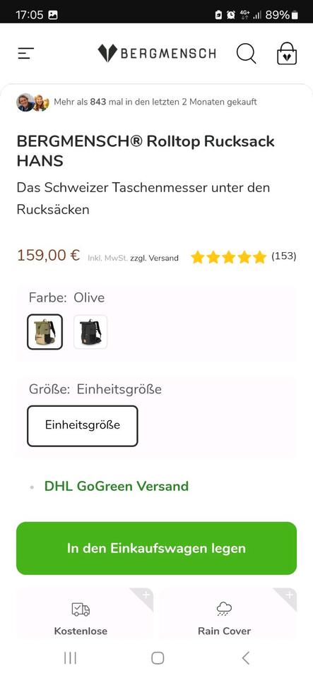 Bergmensch Rucksack Tasche Rolltop Hans grün olive khaki in Farchant