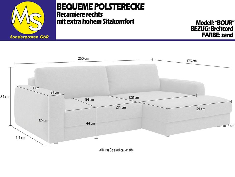 Sofa Couch Wohnlandschaft L Form Modern Breitcord beige in Mettingen