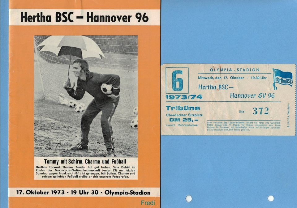 Stadionheft Hertha BSC Hannover 96 17 Oktober 1973 Eintrittskarte in Münsing