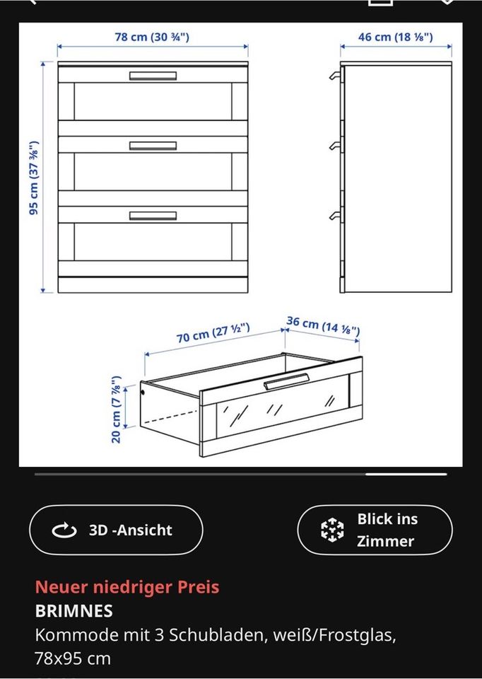 Ikea BRIMNES Kommode mit 3 Schubladen, weiß/Frostglas, in Moers