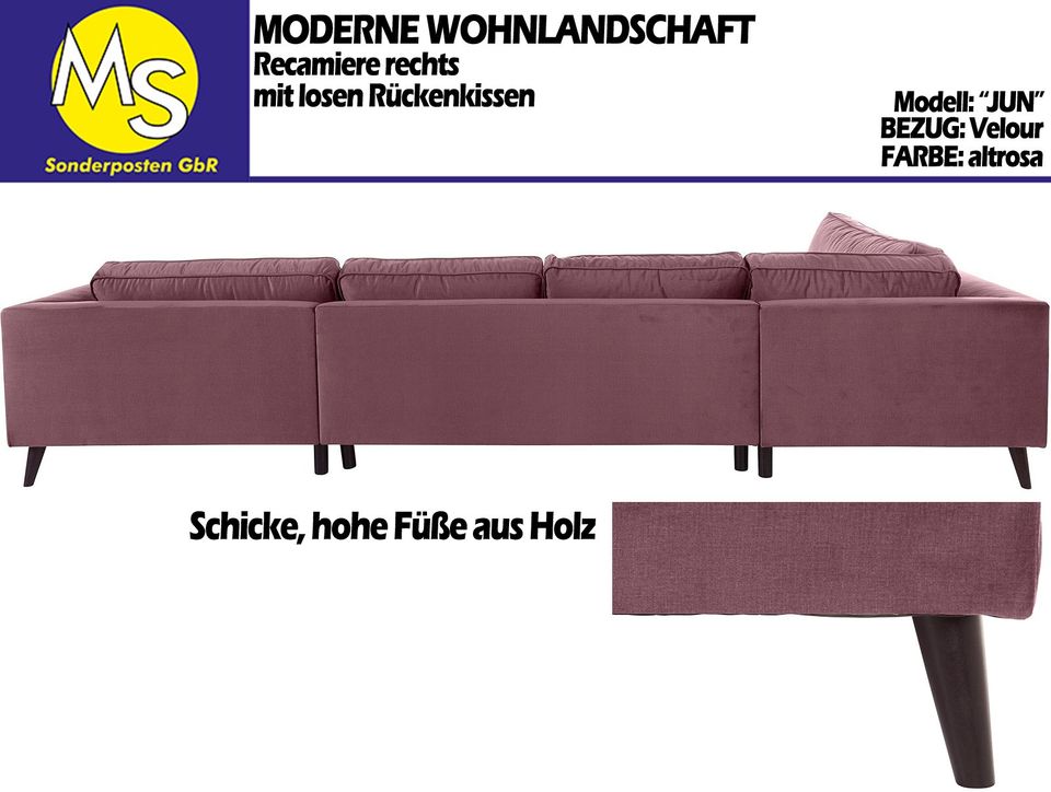 Sofa Couch Wohnlandschaft U Form Velours altrosa in Mettingen