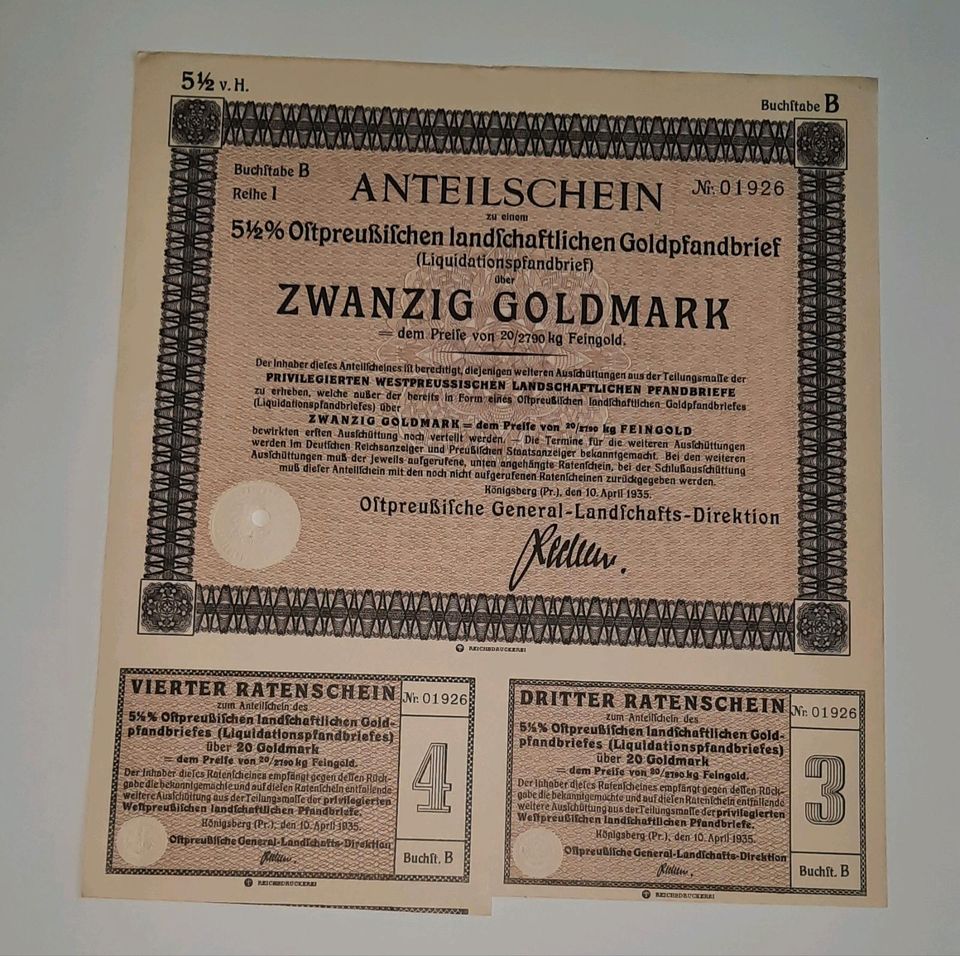 Pfandbriefe Goldmark Preußen Sachsen Anteilschein Rentenbrief in Recklinghausen