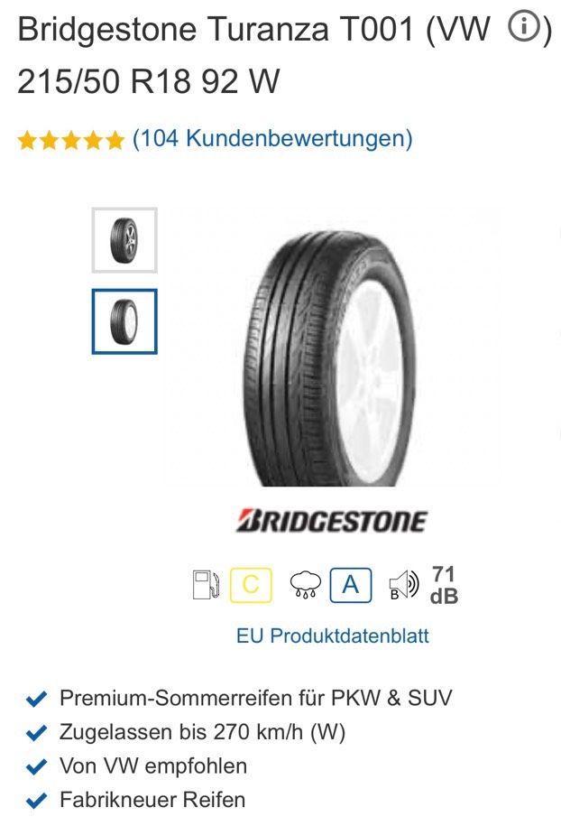 Bridgestone Turanza T001(VW) 215/50 R18 92 W in Stendal