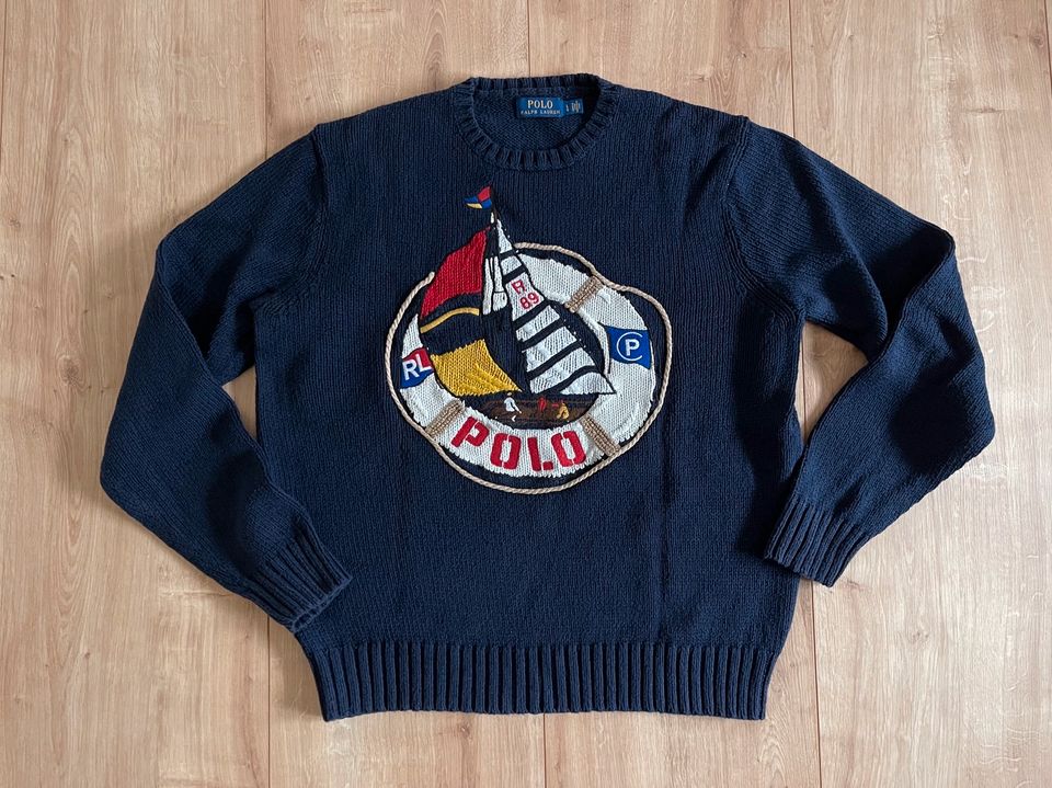 Polo Ralph Lauren Sweater Pullover Strick Wolle Blau L Boot Gant in Mühldorf a.Inn