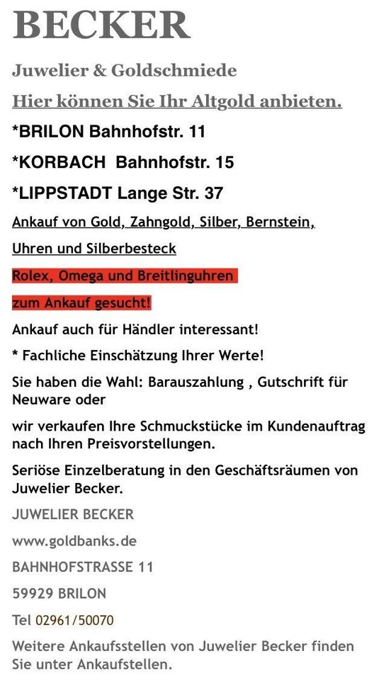 Goldankauf Bargeld für Zahngold Altgold Uhren Gold Ankauf in Lippstadt