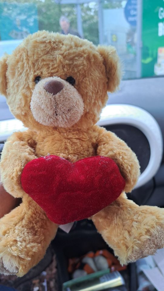 Teddybär mit Herz vor dem Bauch gefunden bei Lidl im Wagen in Berlin