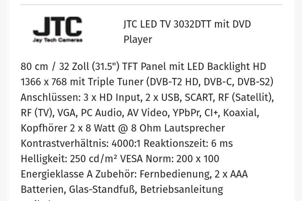 JTC Fernseher 3032DTT mit CD Laufwerk in Borgsdorf