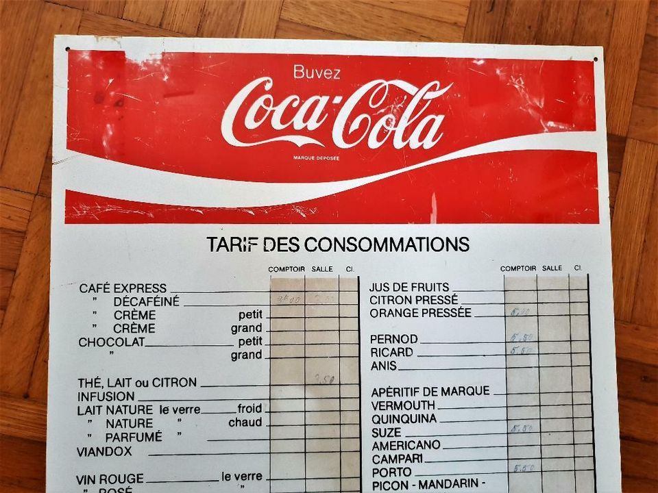 Alte Preistafel - Coca-Cola Tarif des Consommations - von 1985 in Heusweiler