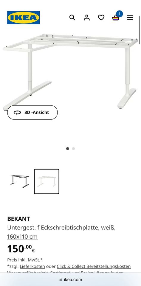 Ikea Bekant Untergestell Eckschreibtisch, weiß in Brunnthal