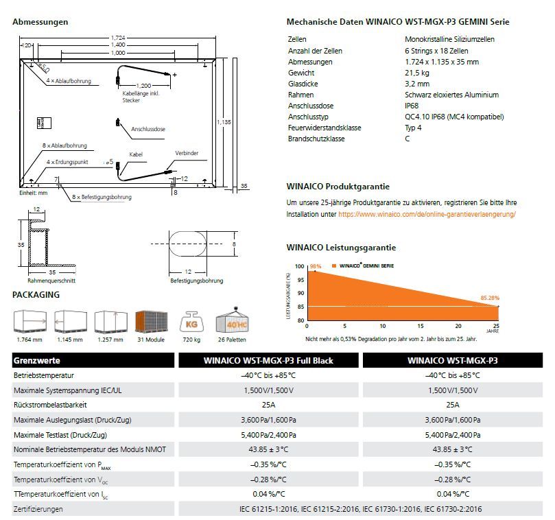 10 Paletten =  310 Module Winaico Solarmodul 400w Full Black in Verl