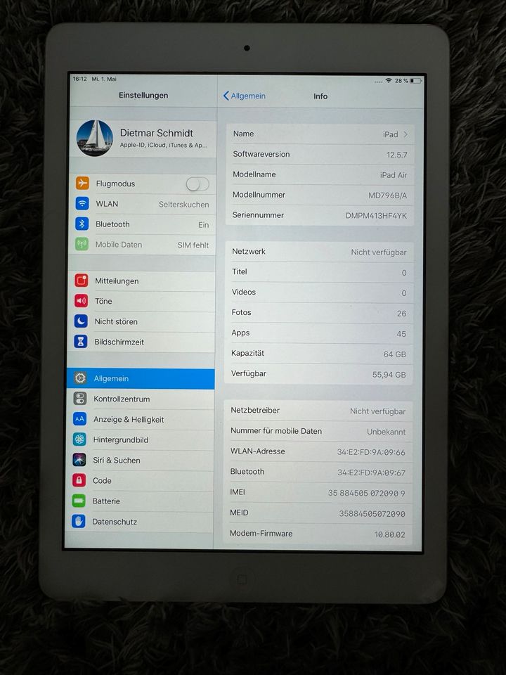 Apple IPad Air 1.Generation 64GB mit Tasche ++ guter Zustand ++ in Torgelow