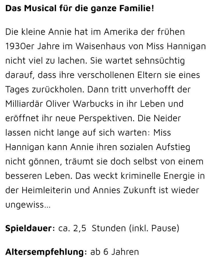 2x Karten Naturtheater Annie 04.08.2024 in Steinheim