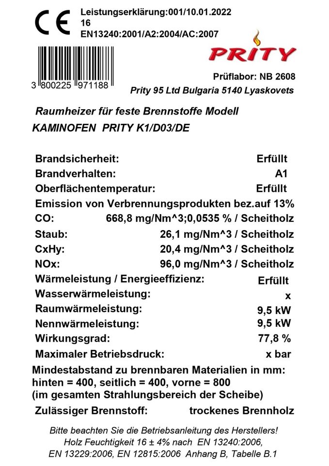 NEU Kaminofen Holzofen PRITY K1 9,5Kw BImSchV Stufe 2 in Weißenburg in Bayern