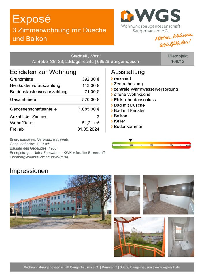 Charmante 3-Raum-Wohnung/ offene Küche/ ruhige Lage/ Stellplatz in Sangerhausen