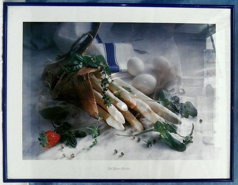 Spargel-Stillleben - großer Kunstdruck im blauem Rahmen in Groß-Gerau