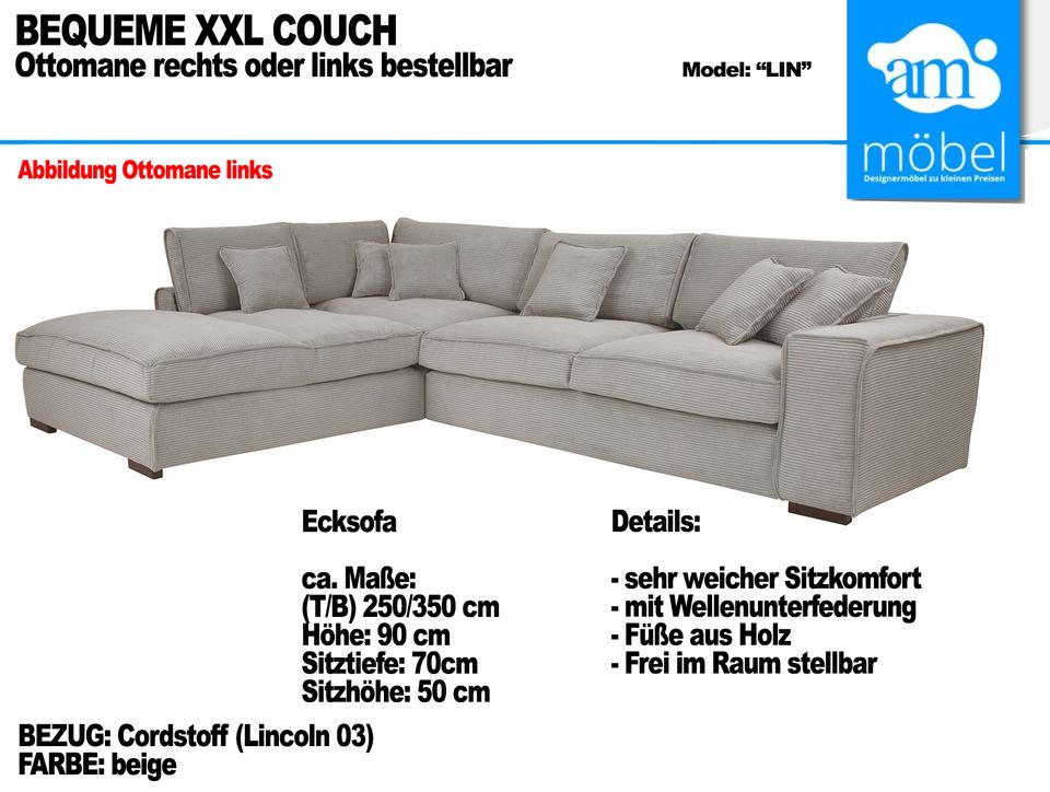 Sofa Couch Wohnlandschaft L Form XXL LUXUS Sofa, bequem Cord in Bremen