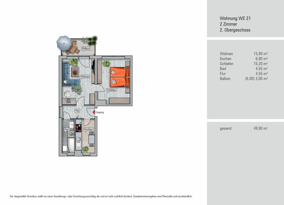 kompfortable 2 Zimmer Wohnung ausgestattet mit Einbauküche, Tageslichtbad und Südbalkon in Chemnitz