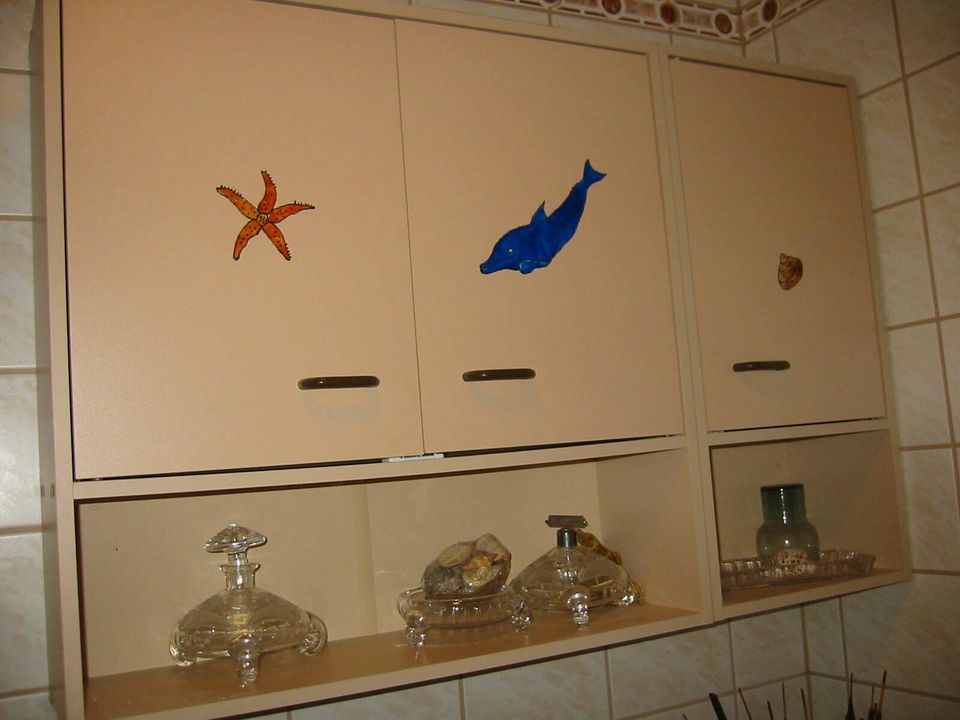 Badschränke beige, braune Griffe, Oberschrank, Unterschrank in Hagen