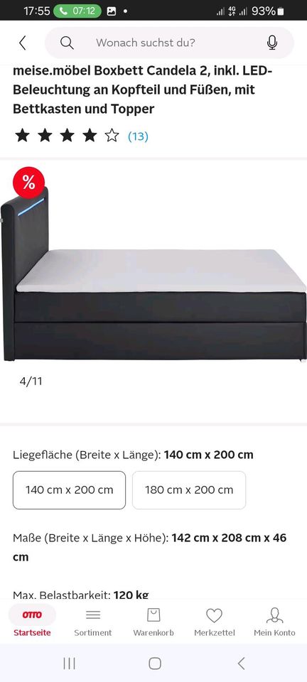 Boxspringbett 140.200 Candela mit LED Beleuchtung neu in Hannover