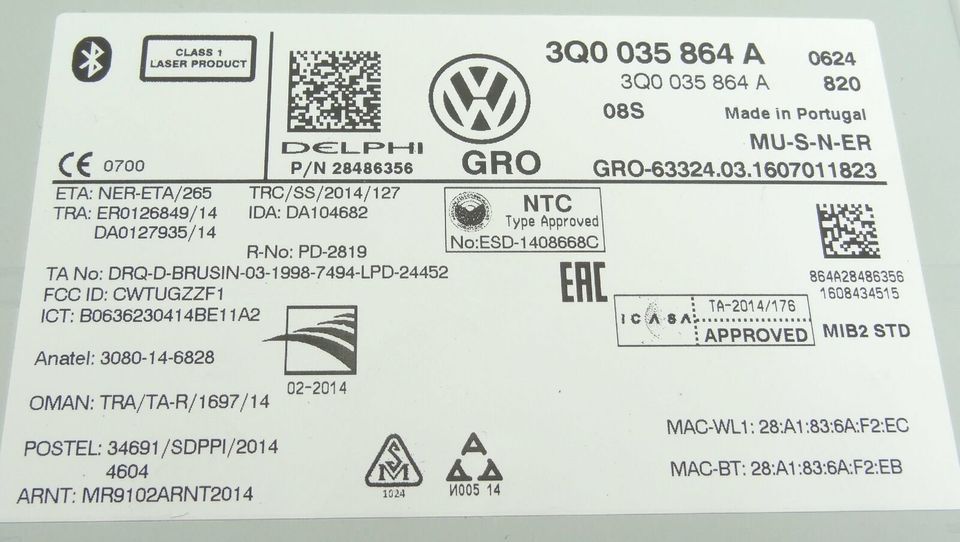 VW Discover Media Radio CD SD Navi Bluetooth main unit 3Q0035864A in Königs Wusterhausen