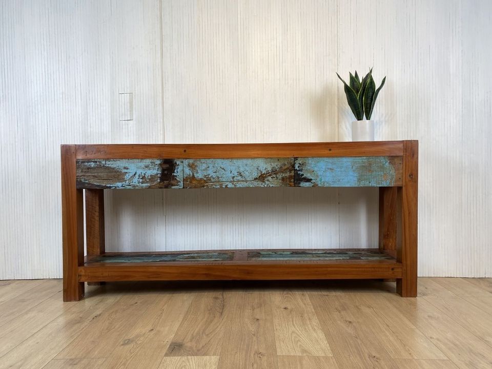 Boatwood by WMK #  Schöne & sehr schmale Konsole mit 3 Schubaden, ein aus altem Bootsholz handgefertigtes Unikat aus massivem Teakholz # Kommode Sideboard Garderobe Flurkommode Ablage Industrial Teak in Berlin