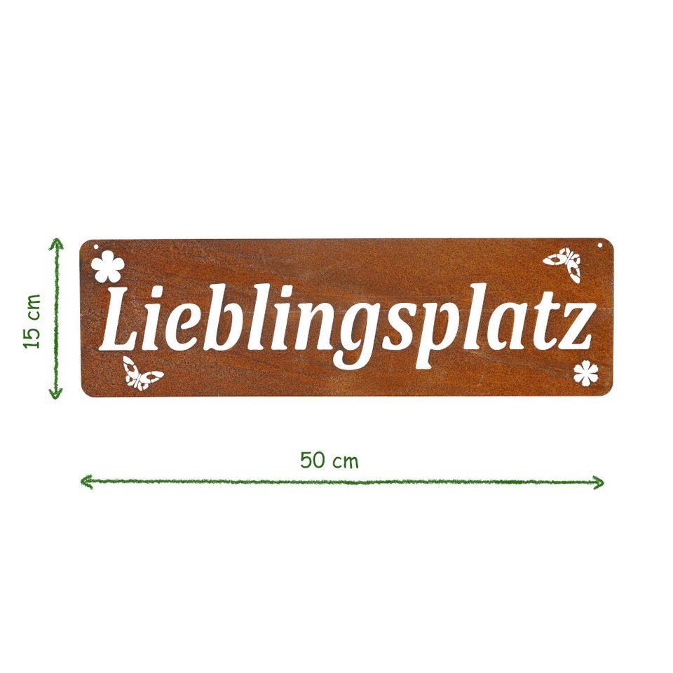 Wandschild "Lieblingsplatz" aus Metall mit Edelrost 50cm lang in Eime