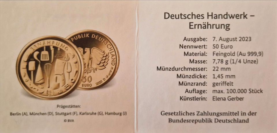 50 Euro Goldmünze "Ernährung" aus der Serie "Deutsches Handwerk" in Selters