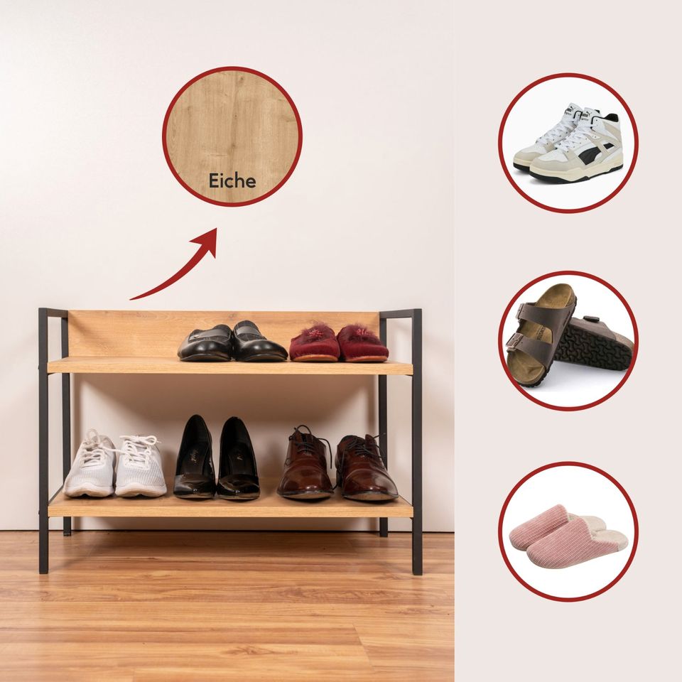 NEU ✅✅ sugodesign Modernes Schuhregal aus Holz mit Eiche-Optik für kleinere Wohnungen, stylischer Regal, Schuh-Organizer, Holzregal mit 2 Ablagen in Duisburg