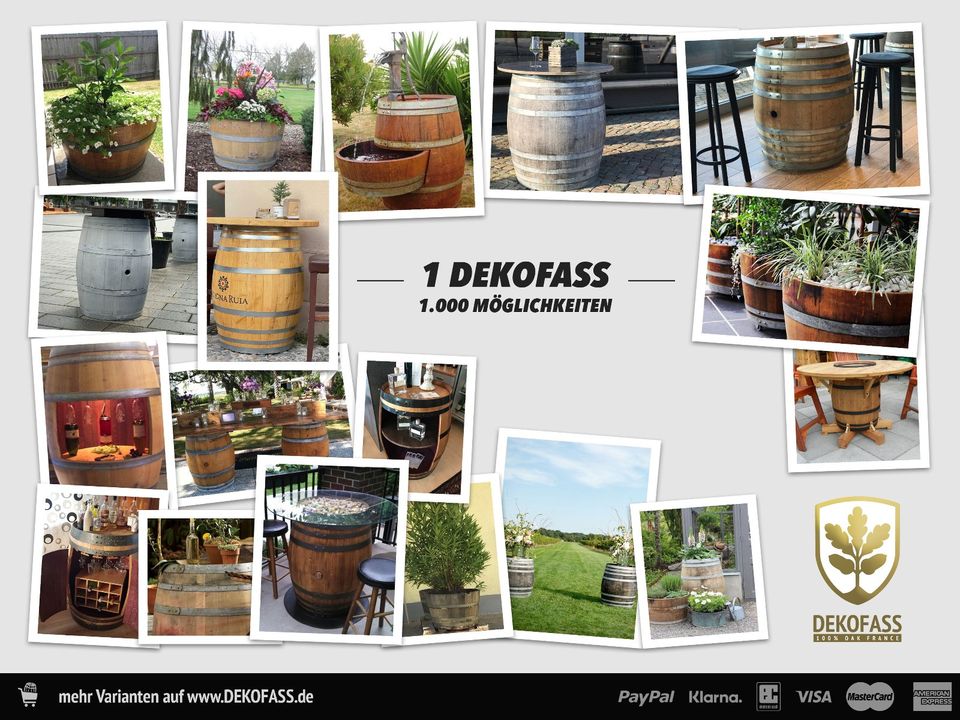 ❤️ DEKOFASS™ DAS ORIGINAL | BARRIQUE-FASS WEIN-FASS 225-L MINI-TEICH STEHTISCH REGAL TISCH GROSS LITER PFLANZEN-TOPF XXL PFLANZ-KÜBEL BLUMEN-KÜBEL REGENTONNE WASSER-FASS REGENFASS HOLZ-FASS GEBRAUCHT in Impflingen