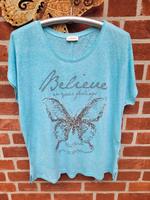 T-Shirt Türkis Glitzerpailletten Schmetterling Gr.48 Niedersachsen - Hoogstede Vorschau