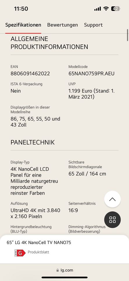 LG 65NANO759PR **TOP ZUSTAND** in Baienfurt