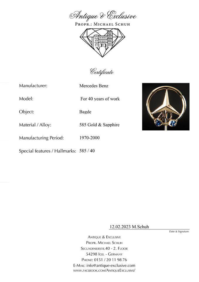 Mercedes Benz 40 Jahre Dienstjubiläum Pin Brosche 585 Poliert Neuwertig Top Versand Händler DHL Geschenk Echt in Igel