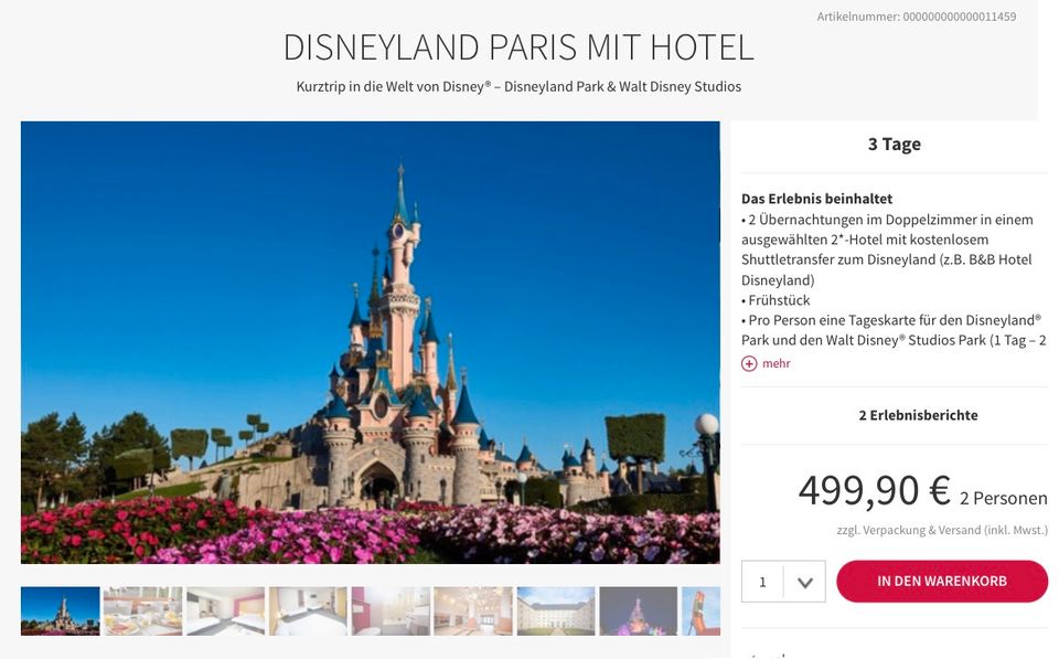 MyDays Gutschein 500€ für z.B Disneyland Paris Hotel umtauschbar in Köln