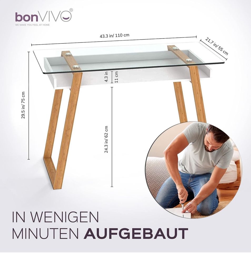 bonVIVO Schreibtisch Weiß mit Glasplatte u. Bambus-Gestell neu in Bochum