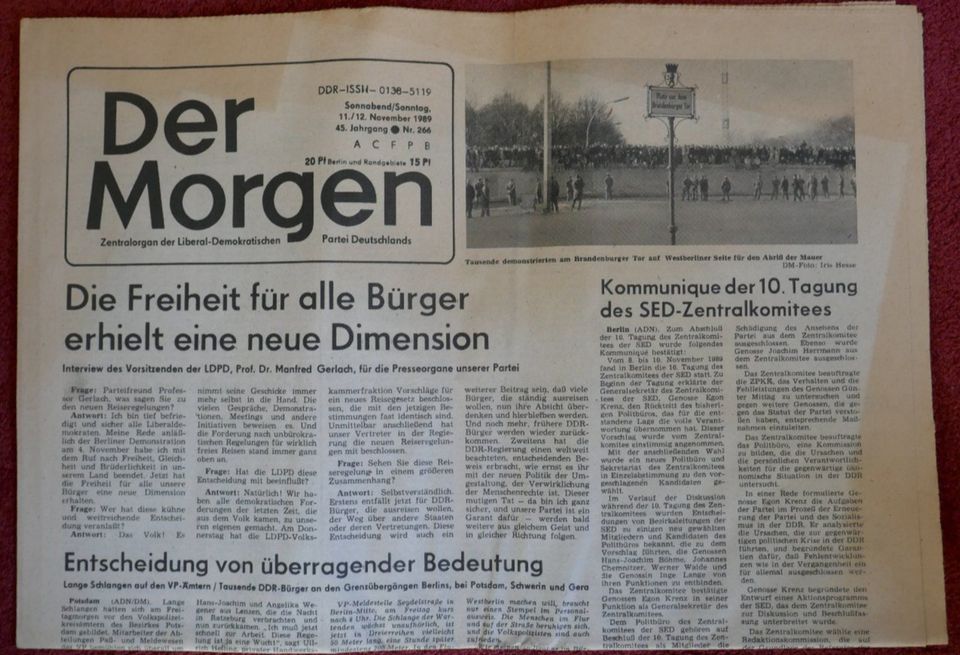 Der Morgen Nr. 266 Zeitung Zentralorgan LDPD 11./12. Nov.1989 in Hamburg