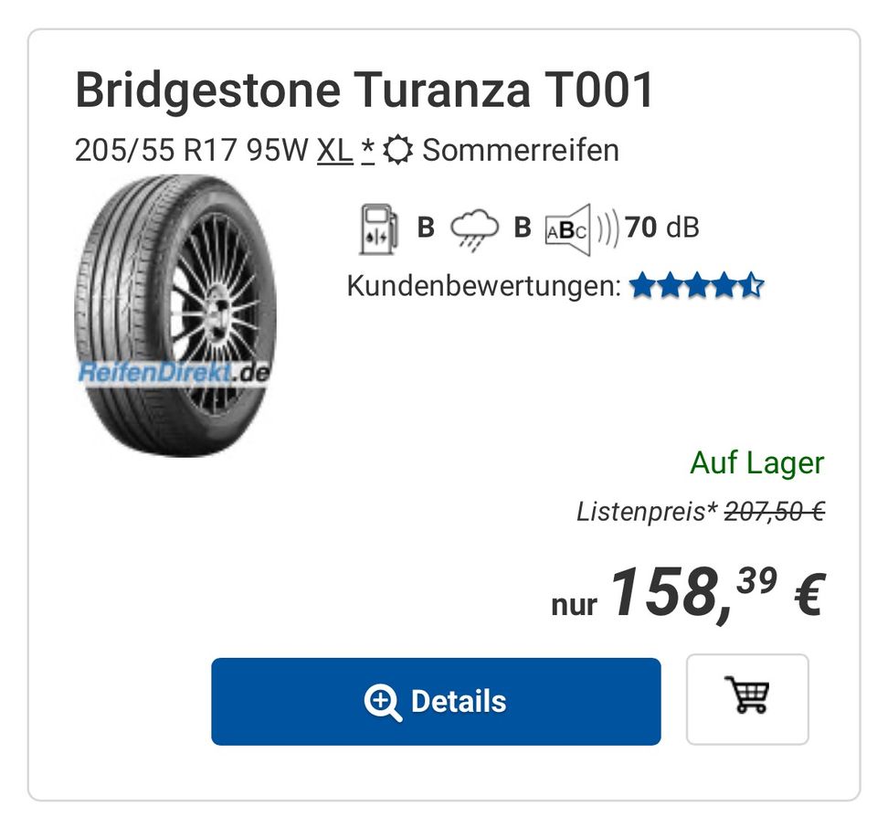 Bridgestone Turanza T001 205/55 R17 95W XL Sommerreifen BMW * in Lehrensteinsfeld