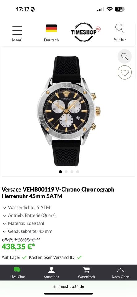 Versace Uhr VEHB00119 V-Chrono Chronograph 45mm mit Rechnung in Regensburg