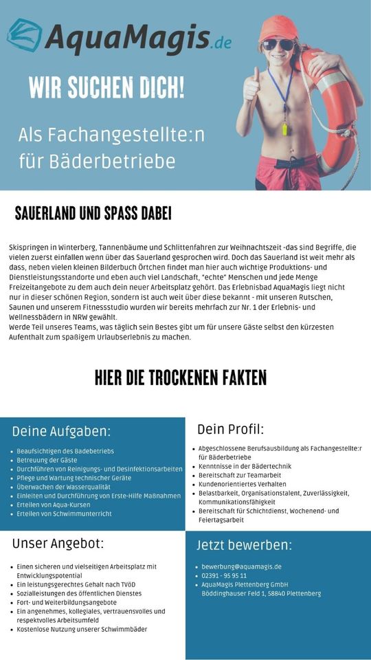 Fachangestellte:r für Bäderbetriebe (m/w/d) gesucht in Plettenberg