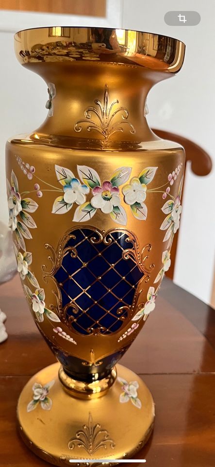 Bohemia, Prunkvase,blau gold,Vase,Blumen in Würselen