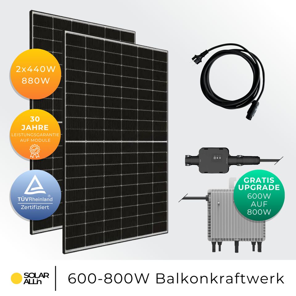 SOLAR ALLin 880Wp/800W Balkonkraftwerk, Bifaziale Glas-Glas Module JA Solar, Steckerfertig konfiguriert, WIFI, Deye in Würselen