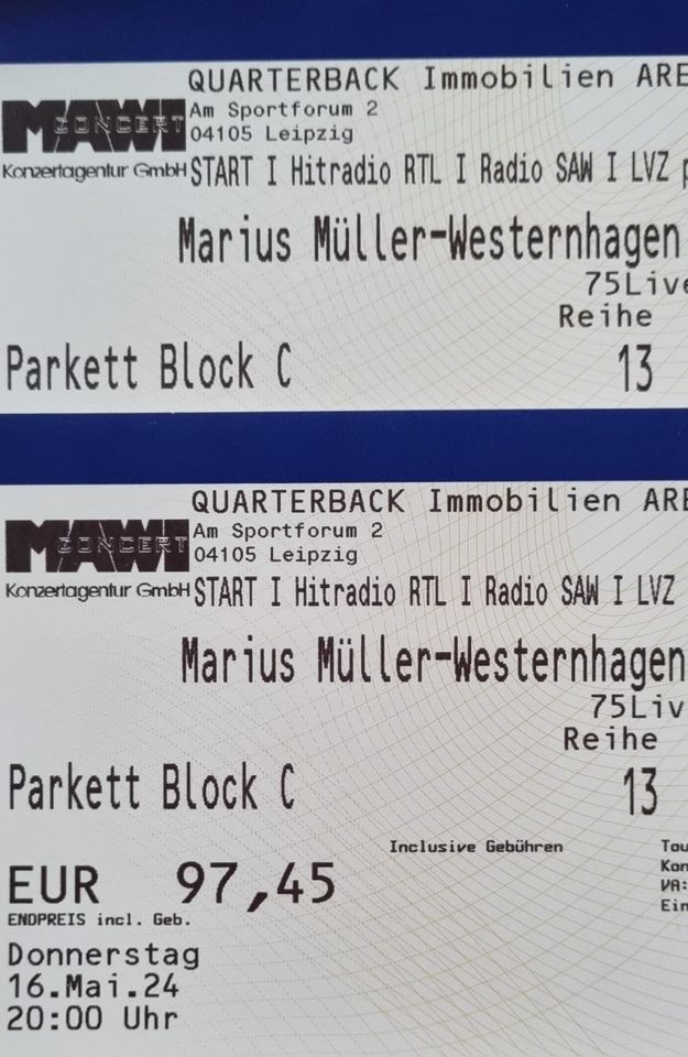 Biete 2x Tickets Marius Müller-Westernhagen Leipzig 16.05.24 Sitz in Leipzig