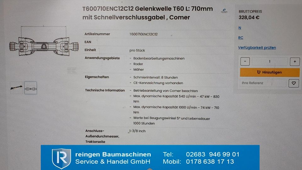Gelenkwelle / Zapfwelle T60  inkl. MwSt. in Buchholz (Westerwald)