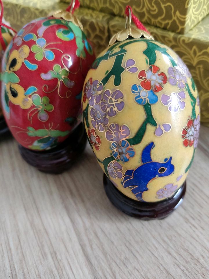 3 Cloisonné Eier Emaille Messing China 1960-er in Fürth